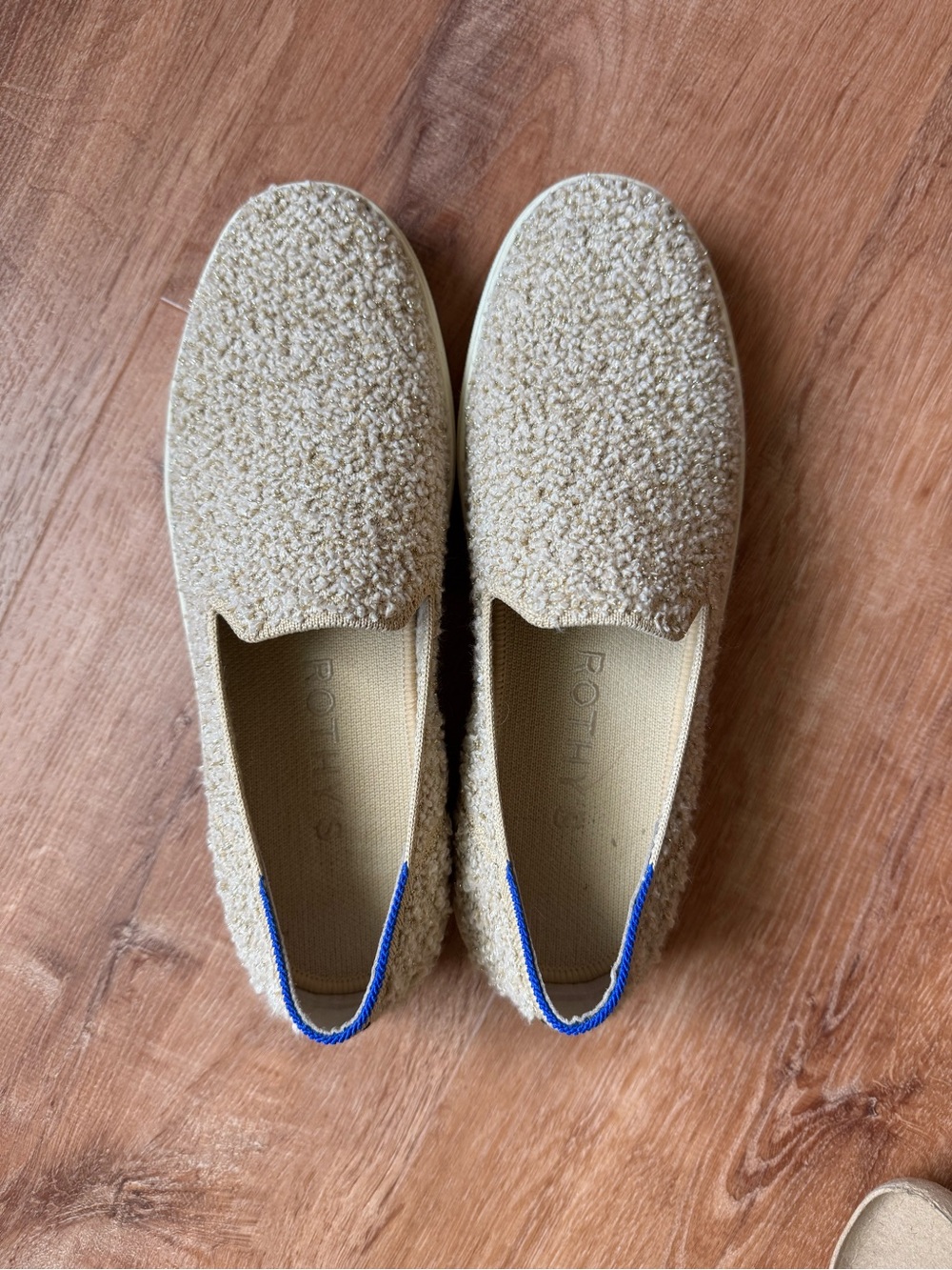 Rothy's Cream and Gold Metallic Bouclé Sneakers